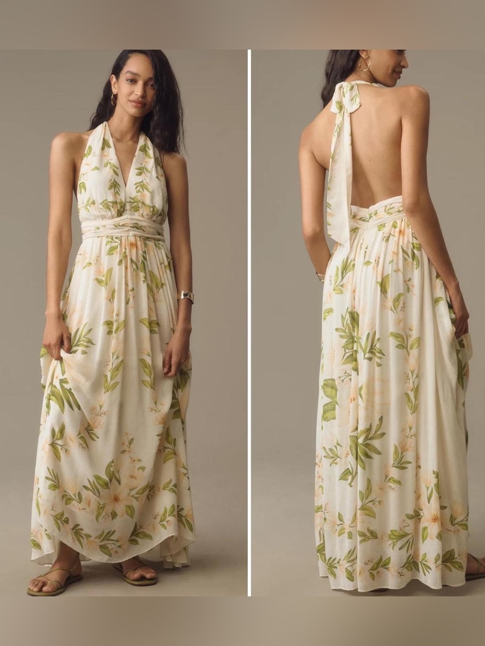 FARM Rio Cream Halter Backless Maxi with Green Botanical Print